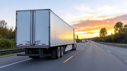 Semi-truck driving on an open highway during sunset with a golden sky