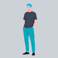 Man with Blue Hair Standing Hands in Pockets Illustration