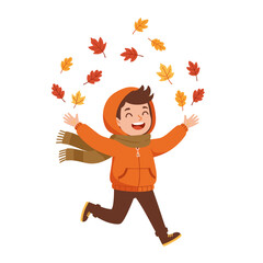 Joyful Autumn Embrace: A happy young person joyfully plays amid a cascade of colorful autumn leaves, their arms outstretched to embrace the beauty of the season.