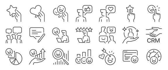 Satisfaction icon set. It includes feedback, review, survey, engagement and more icons. Editable Vector Stroke.