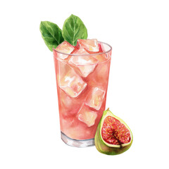 Guava Collins cocktail bursting with exotic fruit sweetness. Watercolor illustration on transparent background.