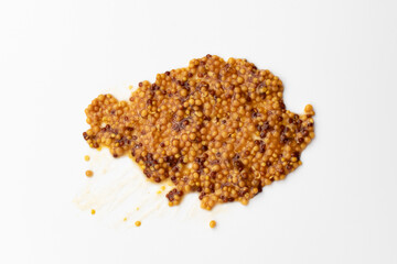 Whole grain French mustard on white background.