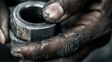 Close-up of a weathered hand skillfully tightening a robust industrial nut, showcasing the intricate contrast between skin and metal
