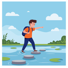 Journey of Discovery: A young boy ventures forth, traversing a serene waterscape, backpack in tow, embodying the spirit of exploration and discovery.