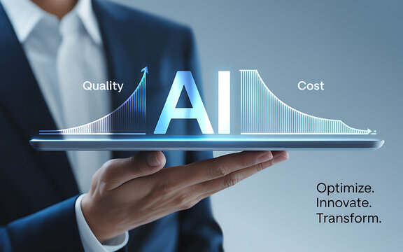 Businessperson showcasing AI technology with visual graph showing increased quality and reduced cost for innovation and efficiency