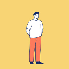 Man standing in casual wear: A stylish illustration depicting a man standing against a light yellow background. He is wearing a white t-shirt and red pants and is gazing at something beyond the frame.