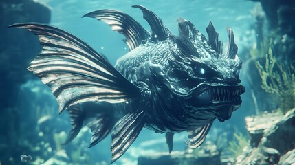 Underwater creature with menacing features.