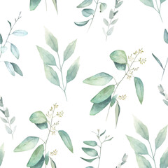Watercolor seamless pattern. Organic herbal print with eucalyptus branches. Greenery hand drawn illustration on white background.