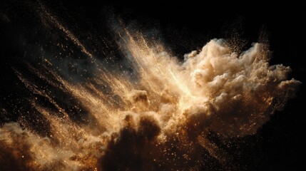 Golden dust explosion creates stunning contrast in deep black space, capturing abstract motion in an ultra-detailed powder cloud