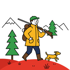 Hunter with rifle and dog in landscape