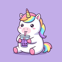 Cute unicorn drinking bubble tea boba