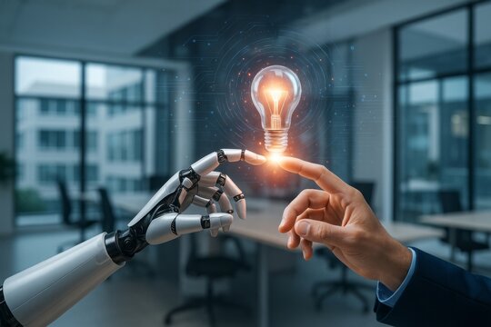Human Hand and Robotic Arm Touching Glowing Lightbulb Innovative Technology Partnership Future Collaboration Artificial Intelligence Digital Transformation Modern Business Solution Bright Idea Concept