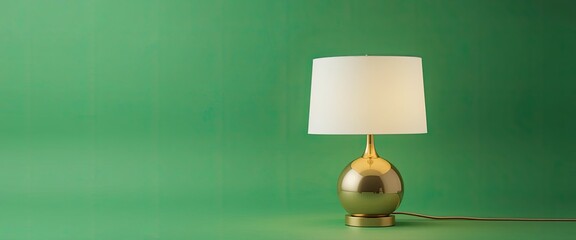 A golden lamp with a white lampshade on a green background in a studio setting with soft lighting