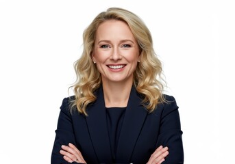 Portrait of a smiling blonde woman in a dark blazer with arms crossed on a white background studio shot