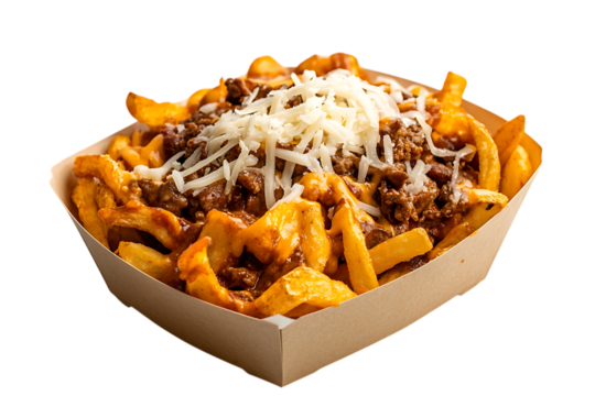 Delicious Loaded Cheese Fries with Ground Beef on transparent background