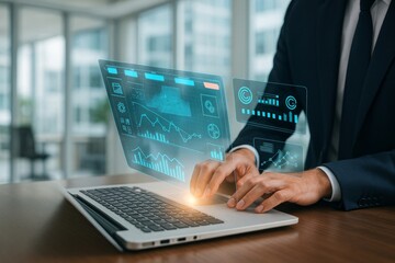 Businessman Using Laptop with Futuristic Holographic Interface Digital Data Analytics Technology Modern Workplace Professional Success Innovation Future Businessman Working on Laptop Computer Digital 