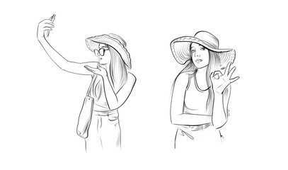 fashionable woman in summer hat making selfies coloring page vector