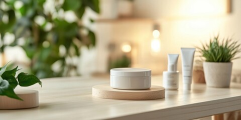 Natural skincare display on a light wooden surface