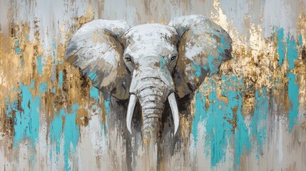 Majestic elephant portrait in teal and gold abstract art.