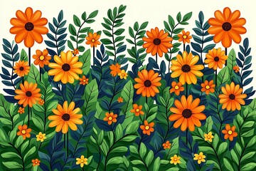 Vibrant orange flowers bloom amidst lush green foliage