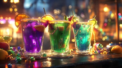 Colorful cocktails with fruit garnishes displayed on a bar.