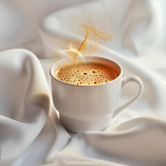 Imagen minimalista y elegante de una taza de café humeante sobre fondo blanco, estilo lifestyle o editorial.