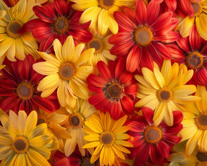 Fototapeta premium Fotografía colorida con flores margarita en colores rojo fuego y amarillo brillante, fondo plano floral.