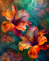 Composici&oacute;n art&iacute;stica con flores ex&oacute;ticas en tonos c&aacute;lidos, sobre fondo texturizado con pinceladas de color.