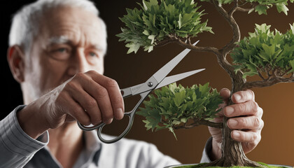 Senior man carefully pruning a bonsai tree indoors with scissors, focus on hands and detailed leaves
