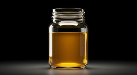 Transparent glass jar filled with golden liquid on black background