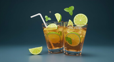 Fototapeta premium Refreshing Citrus Drinks with Mint and Lime on Dark Background