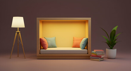 Cozy Interior Setup with Bright Sofa, Lamp, Plant, and Books
