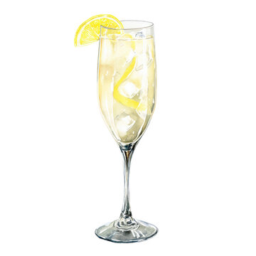 French 75 cocktail with lemon twist and sparkling champagne. Watercolor illustration on transparent background.