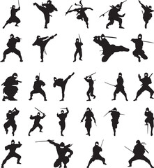 vector silhouettes set of ninja  silhouettes, Japanese-inspired of skiers. © Mehedi
