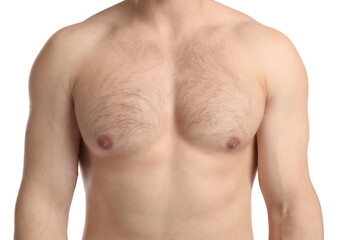 Young man with hairy chest on white background, closeup. Epilation procedure