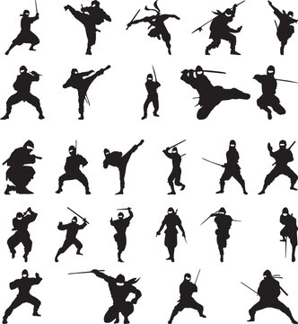 vector silhouettes set of ninja  silhouettes, Japanese-inspired of skiers.