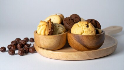 different cake or biscuit in different small wooden bowl 
