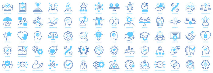 Big set of core values related icons. Caring, collaboration, community, diversity, friendship etc. Editable stroke.