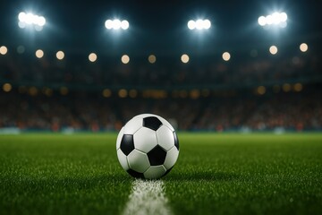Obraz premium Soccer Ball Centered on Field during Night Game, Lights Brightly Illuminating Stadium and Crowd in Background, Ready for Kickoff