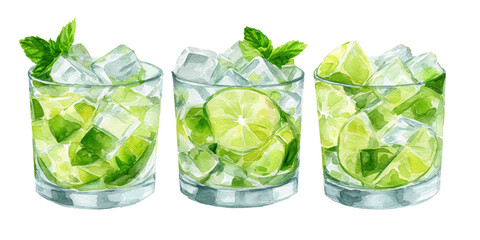 Three cocktail glasses vibrant for menu and poster design. Watercolor illustration on transparent background.