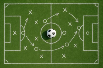 Fototapeta premium Soccer Strategy Diagram on Green Pitch Depicts Formation and Ball Movement, Ideal for Sports and Tactical Concepts