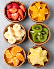  different slice fruit in different small wooden bowl