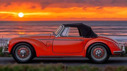 Naklejka premium Classic red convertible roadster at sunset. A vibrant image evoking nostalgia, freedom, and adventure. Ideal for travel, automotive, and lifestyle projects.
