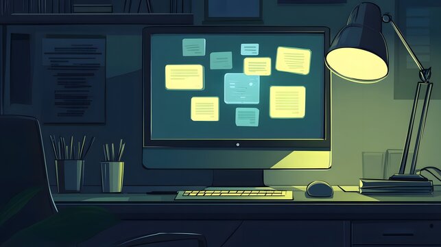 A nighttime study workspace, illuminated by a desk lamp.