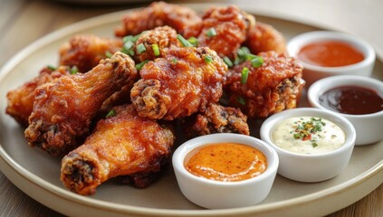 Fototapeta premium Crispy Fried Chicken Wings with Four Delicious Dipping Sauces