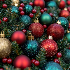 Fototapeta premium Festive ornaments adorn evergreen boughs