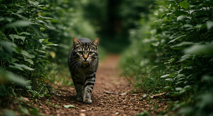 Obraz premium Cat Walking Down a Lush Green Path in a Forested Area