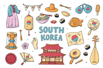 South Korea doodles collection, cartoon elements clipart for stickers, prints, planners, cards, stationery, icons, etc. EPS 10