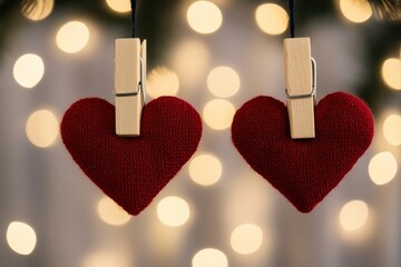 Two red heart decorations hanging with clothespins against a backdrop of blurred lights during a festive celebration
