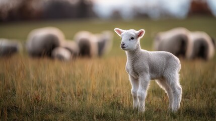 Obraz premium Young lamb stands in a grassy field while adult sheep graze nearby during a calm late afternoon in a picturesque rural setting